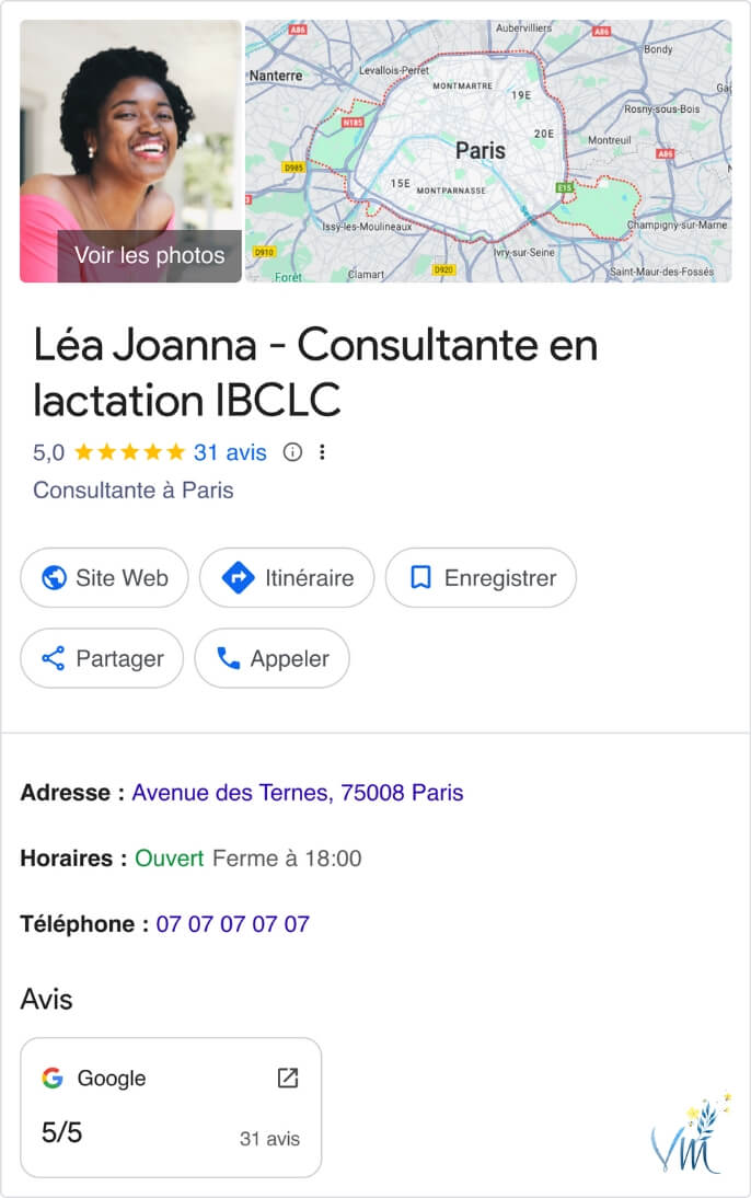 Professionnel(le) de la périnatalité : comment se faire connaître ? 2 - Les origines de VanillaMilk - VanillaMilk Exemple Fiche Google my business